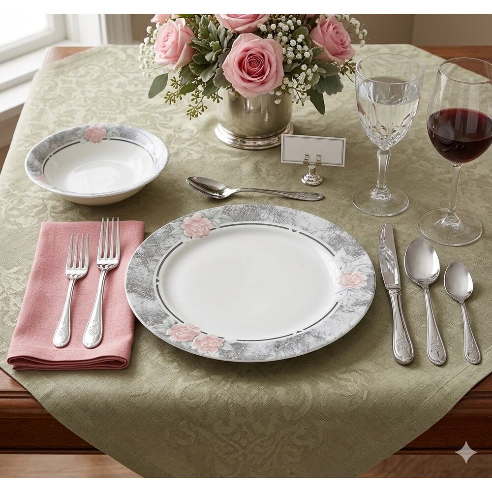 Set Of 8 Corning Corelle Silk and Roses Dinner Plates